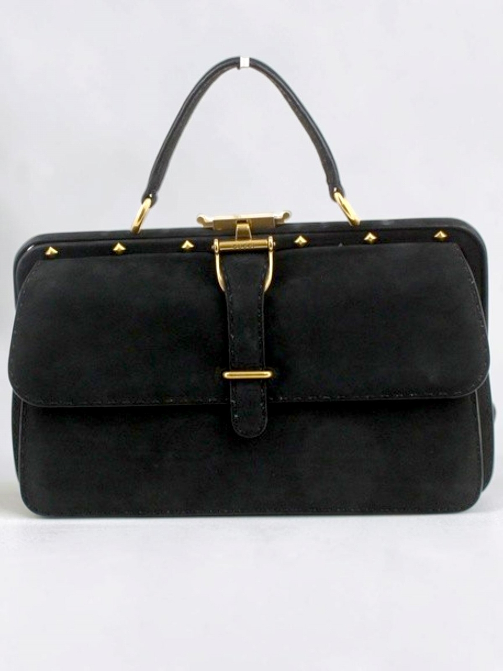 GUCCI RARE Black Suede Top-Handle Bag with Gold Hardware